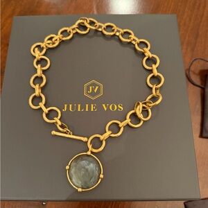 Julie Vos Gold Honeybee Statement Necklace  with Smoky Gray Blue Revers Pendant